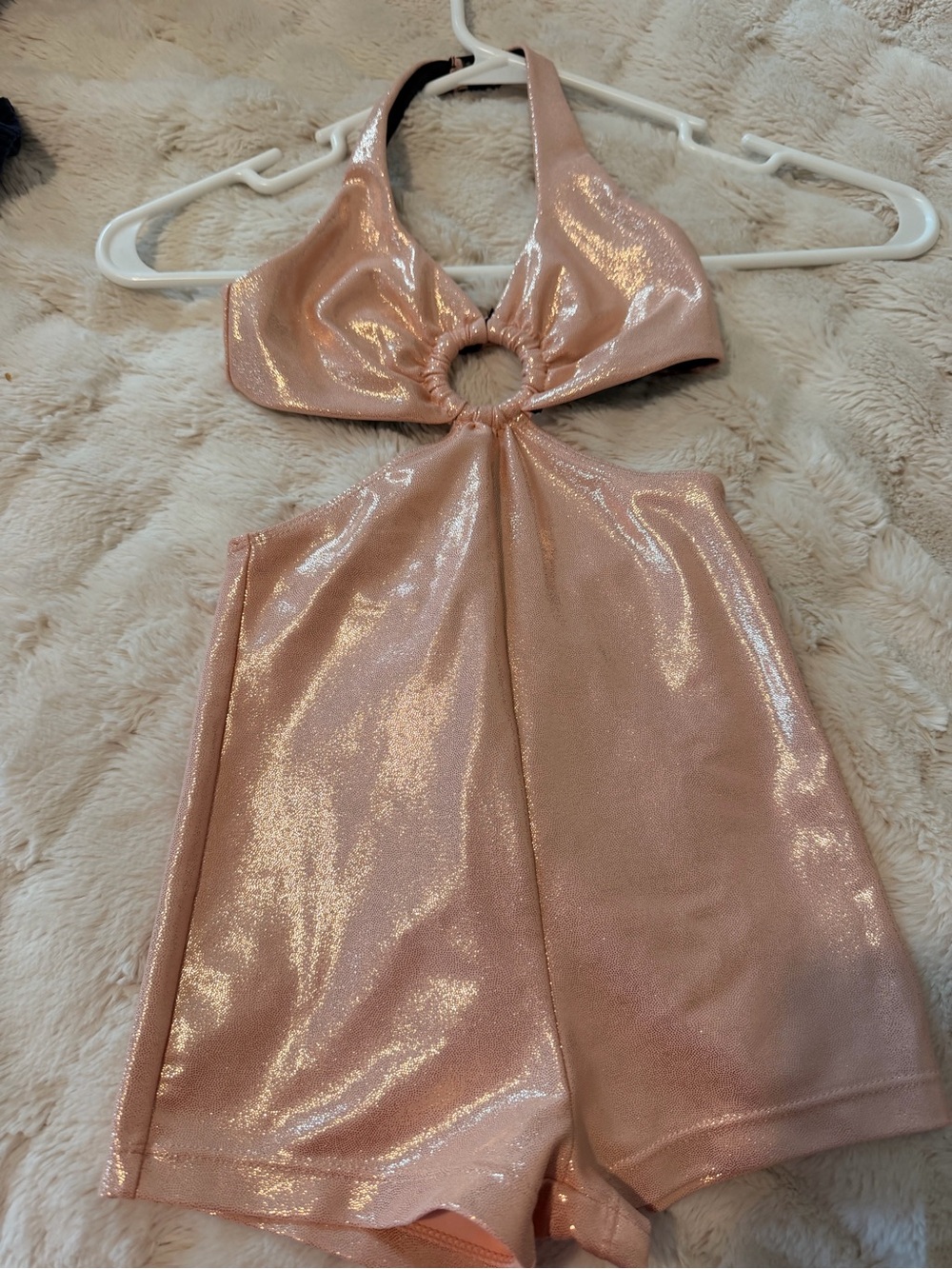 Ooh Lala dance comp Shimmery Rose Gold Halter Romper with Ring Detail